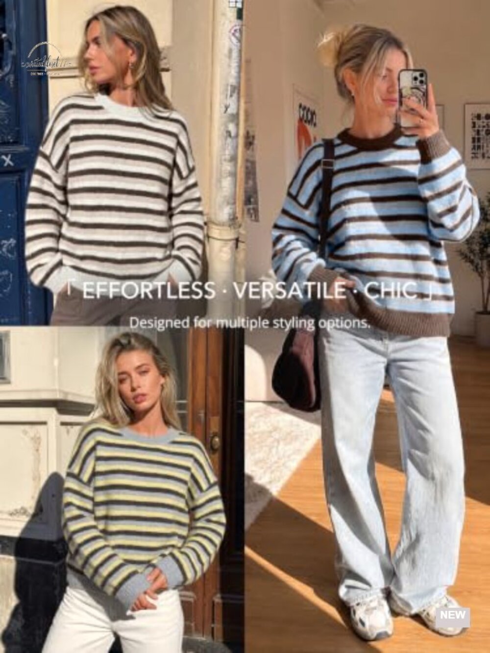 Women's Striped Oversized Knit Pullover Sweater Crew Neck Long Sleeve - Picture 5 of 5